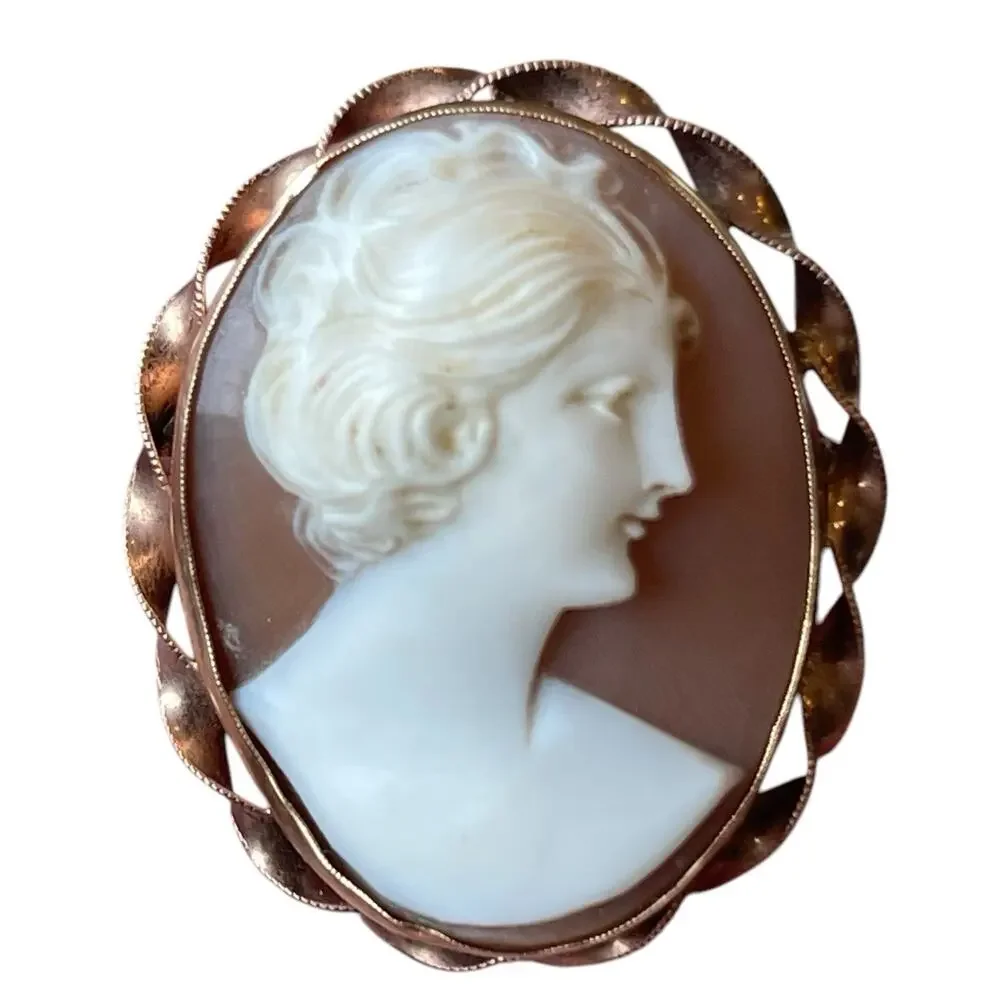 Antique 20's/30's 10k Rose Gold Bezel Set Carved Shell Cameo Brooch Pendant 6g
